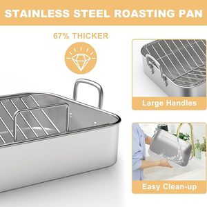 3 in 1 Non-toxic Heavy Duty Roasting <strong>Pan</strong> Stainless Steel <strong>Turkey</strong> <strong>Roaster</strong> with Rack Deep Broiling <strong>Pan</strong> &amp; V-shaped Rack &amp; Flat Rack - Product Image 2