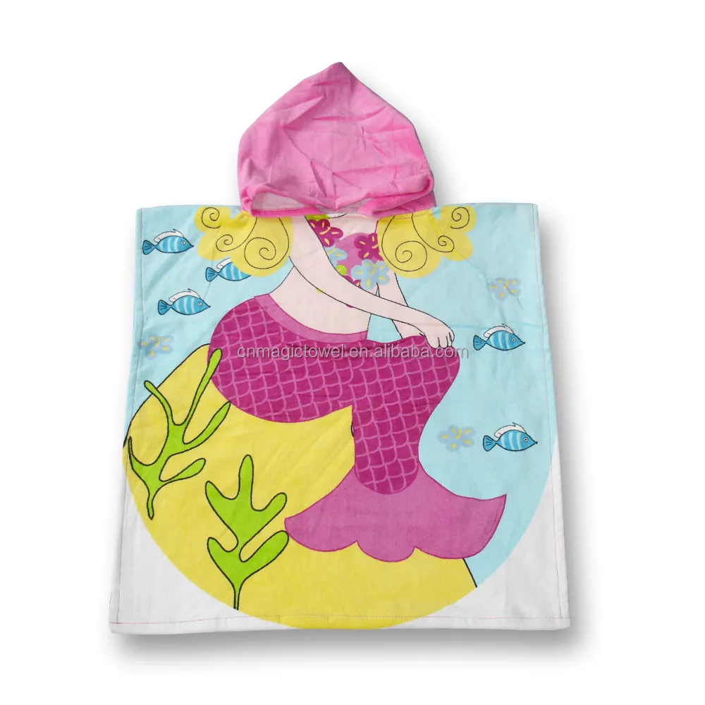 100% 면 부드러운 느낌 사용자 정의 디자인 디지털 반응 인쇄 후드와 아이 아기 만화 해변 목욕 수건