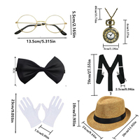 Costume de gentleman des années 1920 : chapeau haut-de-forme, lunettes, bretelles, nœud papillon, montre de poche, costume de fête et d'Halloween