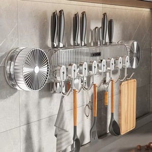 Support mural pour couteaux de cuisine avec crochets et porte-spatules, rangement pour ustensiles de cuisine, plastique blanc et gris - Product Image 1