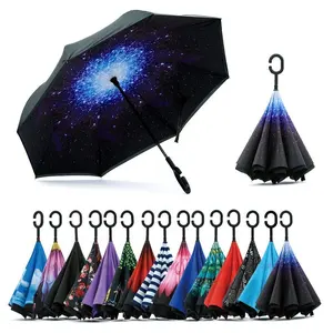 Freisprechen C-Griff Doppels chicht Upside Down Reversible Inversion Reverse Inverted Umbrella, reversibler Regenschirm mit C-Griff