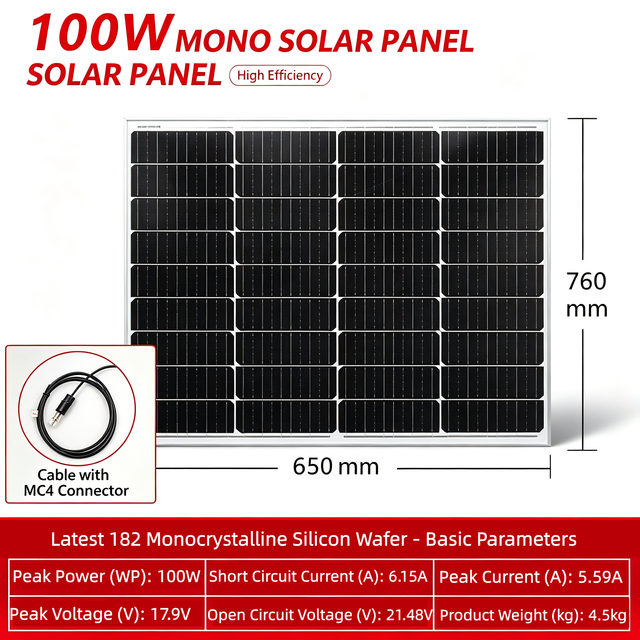 100W Rigid Monocrystalline Solar Panel High-Efficiency 18V PV Module with MC4 Connectors for RV Boat Emergency Power Supply