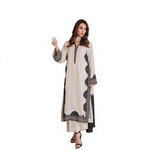Women's Black Ankle-Length Cotton <b>Kaftan</b> With White Embroidery Traditional <b>Indian</b> Style Loose Fit Casual Wear - Product Image 1