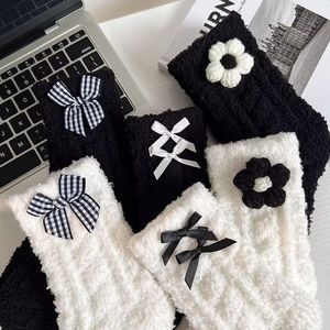 Women's Fleece Lined Thick Mid Calf <b>Socks</b> With Bow And Flower Warm <b>Winter</b> Black White Coral Fleece <b>Socks</b> - Product Image 1