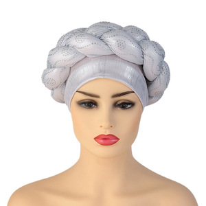 Pañuelo para la Cabeza Aso Oke Nigeriano de Última Moda para Mujer, Turbante Africano Trenzado, Gorro Musulmán con Pedrería - Product Image 6