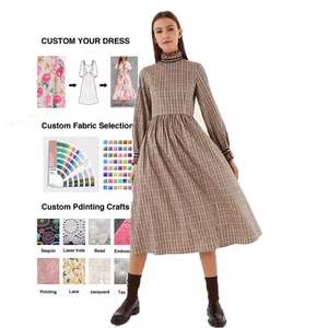Robes décontractées pour femmes en coton pur à carreaux rétro personnalisables, à manches longues, durables, résistantes aux plis, style artistique plissé - Product Image 5
