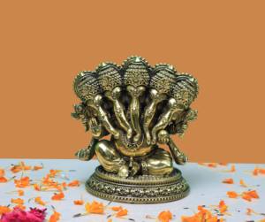 Statue de Ganesh Panchmukhi en laiton artisanal de qualité supérieure avec figurine de rat, fabriquée au Rajasthan, faite à la main - Product Image 1