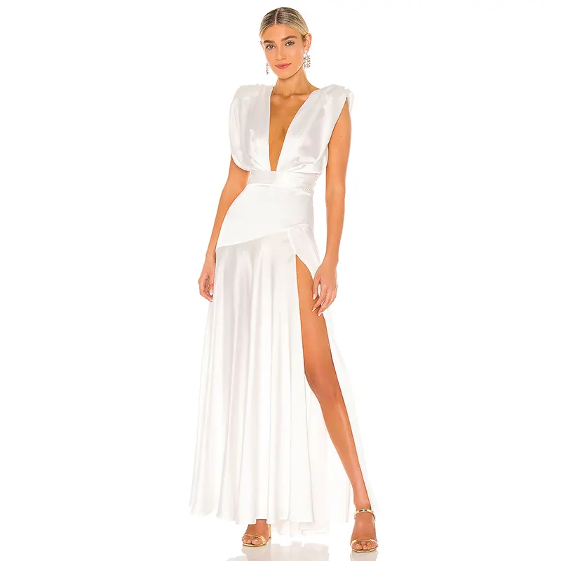 Women Fashion Elegant Evening Dress Deep V Neck High Split White Maxi Dress