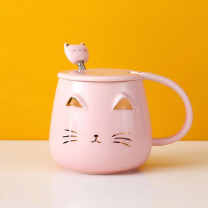Grande tasse en céramique à motif de chat mignon avec couvercle et cuillère, cadeau créatif pour le bureau et les étudiants, pour le café ou le thé - Product Image 3