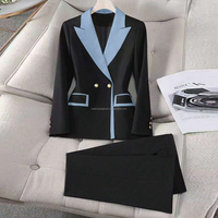 Traje de Dos Piezas Elegante para Mujer con Logotipo Personalizado, Blazer Cruzado con Solapa en Contraste, Pantalón de Pierna Ancha de Cintura Alta, Tallas Grandes