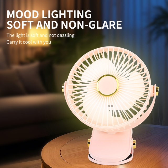 XB Portable Clip-On Desk Fan with Rechargeable USB LED Light 3-Speed Settings 6-Inch for RV Use English Operation