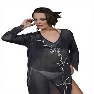 Tunique de plage élégante noire à col en V avec broderie argentée transparente pour femme, idéale pour les stations balnéaires en Inde - PNM Overseas - Product Image 1