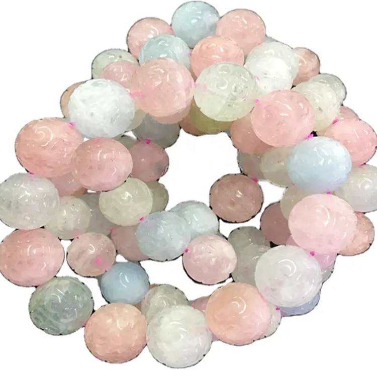 Драгоценный камень Morganite резные круглые бусины браслеты ювелирные изделия