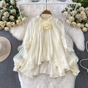 Damen Schimmernde Transparente Bluse mit 3D-Blumen, Rüschenkragen, Langen Ärmeln, High-Low-Tunikatop, Elegantes Fairycore Herbsthemd 2026 - Product Image 4