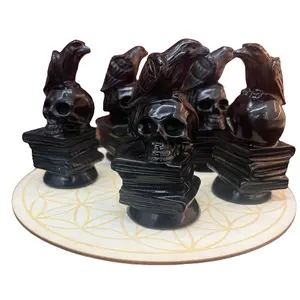 Hot bán đen Obsidian quạ figurine với hộp sọ thủ công tinh thể chạm khắc Đối với trang trí nội thất Quà Tặng lc9223