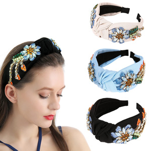 Hua Liyu Bandeau noué en strass et cristal pour femme, accessoires de mode pour cheveux, noir, bleu ciel, blanc cassé - Product Image 1