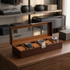 Wood <b>Watch</b> Box Rectangle Glass Lid Faux Suede Interior Snap Closure Dustproof Storage <b>Case</b> for Men Women - Product Image 3