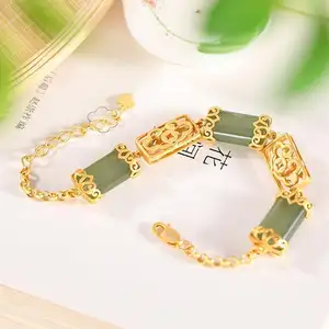 Pulseira de jade de 18k, bracelete de jade "boa sorte", dourado, ajustável, chinês, presente para mulheres