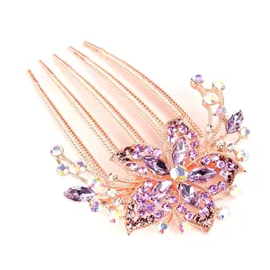Groothandel Vijf Kam Hairclip Legering Diamant-Embedded Haar Kam Kleurrijke Bloem Elegante Vrouwen Broodje Haarspeld