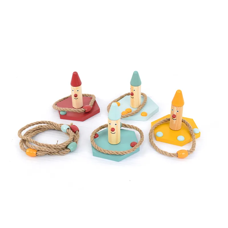 wooden animal toss game toy solid wood clown shape ring toss game with rope rings for kid outdoor toys