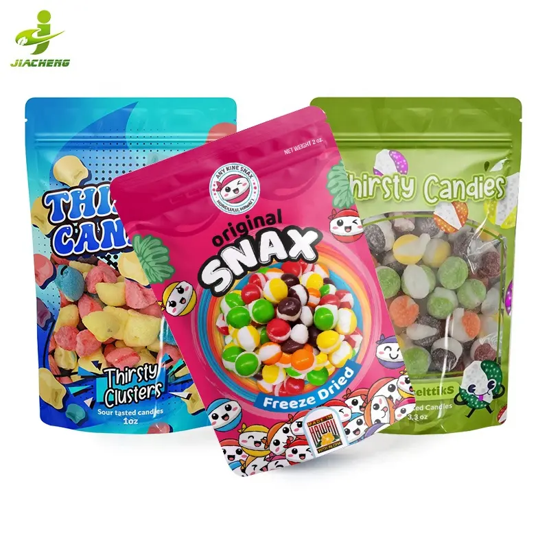 Custom printed heat seal aluminum foil freeze dried skittles candy doypack stand up pouch food packaging bags with clear window