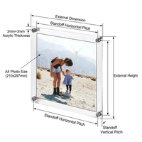 Cadre photo mural A4 en acrylique transparent 3+3mm à double panneau flottant pour certificats avec 4 entretoises en acier inoxydable