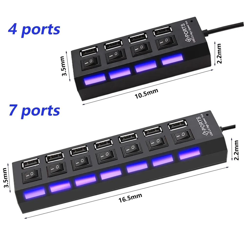 Jmax Hub 2.0 USB 4 Port Kecepatan Tinggi, Multi Splitter dengan Lampu LED Sakelar Daya Hidup Mati 4 Port