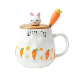 Mug en céramique avec couvercle et cuillère, motif lapin de dessin animé mignon et carotte, pour café, thé, ensemble de vaisselle, tasse individuelle, cadeau - Product Image 4