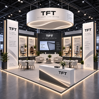 Stand d'exposition professionnel sur mesure 20x20 pour mobilier de bureau avec présentoir de produits 4 zones, espace de réunion et comptoir d'accueil pour NeoCon 2026