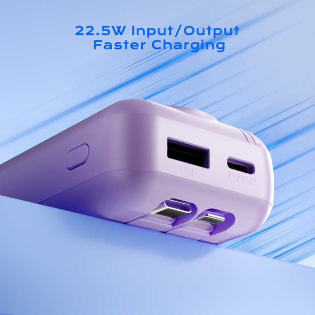10000mAh Mini Portable Power Bank Station 22.5W Fast Charging 2 Cable Micro USB Input Interface LI-Polymer Battery