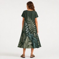 Gaun Midi Wanita 100% Katun Grosir, Model Trapeze Santai, Cetak Grafis Botani, Musim Semi Musim Panas, Vancouver, Ramah Lingkungan, Hutan Hujan, Kasual