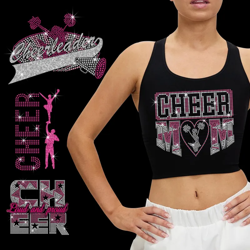 Bling Strass Cheer Squad Warmte Overdracht Ijzer Op Juichen Moeder Hotfix Motief Ontwerpen