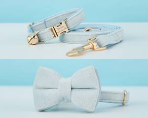 Collar de terciopelo Lightblue Veet personalizado para gato con lazo y correa, conjunto con placa de identificación grabada a medida para gatito o cachorro, número de teléfono sólido pequeño - Product Image 3