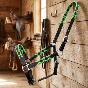 Harnais de cheval de qualité supérieure, vert et noir à motifs, réglable, avec cuir durable et quincaillerie métallique robuste - Product Image 2