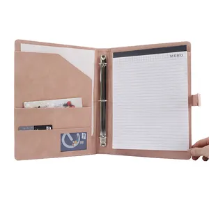 Pink A4 bisnis Padfolio kulit File Organizer portofolio dokumen Folder multi-saku konferensi Folder dengan Ring Binder