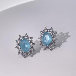 Tianyu Gems Classic Luxury Women's Stud <b>Earrings</b> in Brass Gold Plating Featuring Oval Sea-Blue Zircon Geometric Design - Product Image 1