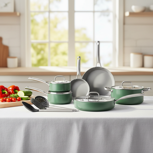 Conjunto de Utensílios de Cozinha Ecológicos de Cerâmica Verde Antiaderente, 13 Peças de Panelas e Frigideiras para Indução com Utensílios para Cozinha Saudável - Product Image 2