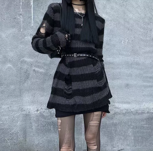Punk <strong>Gothic</strong> Sweater Tops E-girls Mall Goth Pullovers Y2k Harajuku Grunge Clothes Alt Dark Aesthetic Striped <strong>Jumpers</strong> - Product Image 5