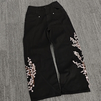 Jean baggy vintage noir délavé à l'acide pour homme, coupe droite, avec broderie 3D surdimensionnée et motif de designer, style hip-hop