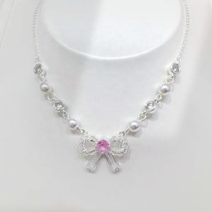 Precio de fábrica, plata 925, collar con dijes de lazo esmaltados, joyería fina, ajustable, para mujer, con diseño de corazón y flor, collar nupcial. - Product Image 1