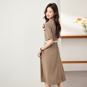 Women's Professional Suit Dress Mid Length A-Line With Belt Turn Down Collar Solid Color Career Dress - Product Image 4