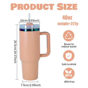 Tumbler da 40 oz Viola Scuro in Acciaio Inossidabile a Doppia Parete Isolato con Cannucce Metalliche e Punte in Silicone Tazza da Caffè con Manico - Product Image 4