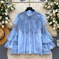 Chemisier ample et élégant à manches longues en dentelle style français pour femme, idéal pour le printemps.