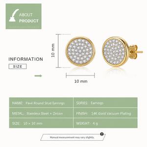 Boucles d'oreilles clous rondes pavées en acier inoxydable avec zircon, plaqué or 14K sous vide, 10 x 10 mm, 4 g - Product Image 2