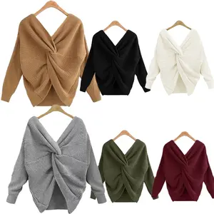 Wholesale Fashion Open-back irregular criss-cross knit back v neck shaggy reflective puff sleeve fuzzy sweater for women