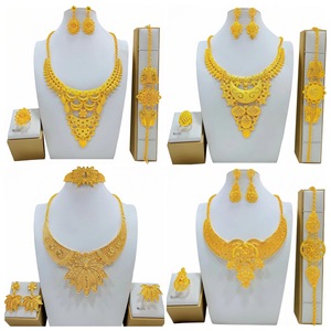 Ethnic Gold Plated Jewelry <b>Set</b> Necklace Earrings Ring <b>Bracelet</b> Wedding Women's Fashion Floral Design 22k Plated - Product Image 1
