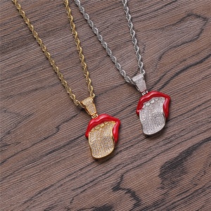 Popular Jewelry Rock Mens Gold plated CZ Stone Diamond Copper Mouth Red Lip Tongue Pendant Necklace