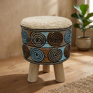 <b>STOOL</b> MOZAIK 3 Luxury Handmade Seagrass and Sisal <b>Woven</b> Round Storage <b>Stool</b> with Solid Wood Legs Boho Ottoman Furniture - Product Image 2