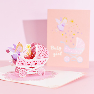 Biglietto d'Auguri 3D con Carrozzina per Bambino o Bambina, Angelo, Busta Inclusa, 15x20cm, Stile Europeo per Baby Shower e Feste di Compleanno - Product Image 1