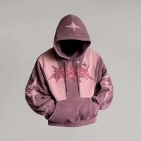 Sweat-shirt à épaules tombantes à prix bas, lourd, avec appliqué de patchs usés, broderie, pull vintage, lavage à l'acide, pour hommes